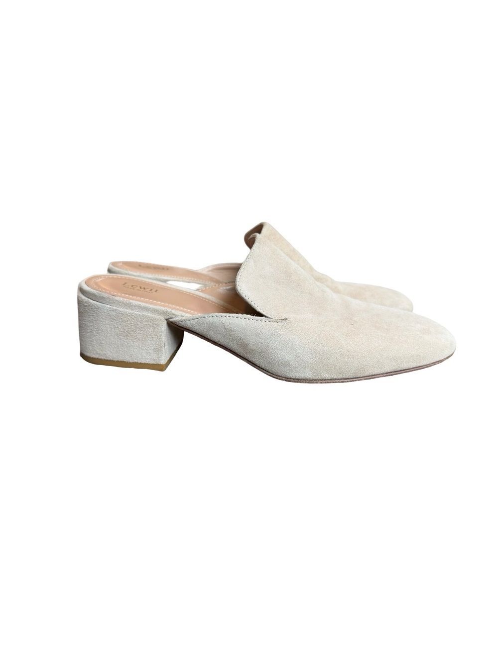 Lewit Cream Suede Almond Toe Block Heel Mules Loafer Backless Low Size 7 Women's